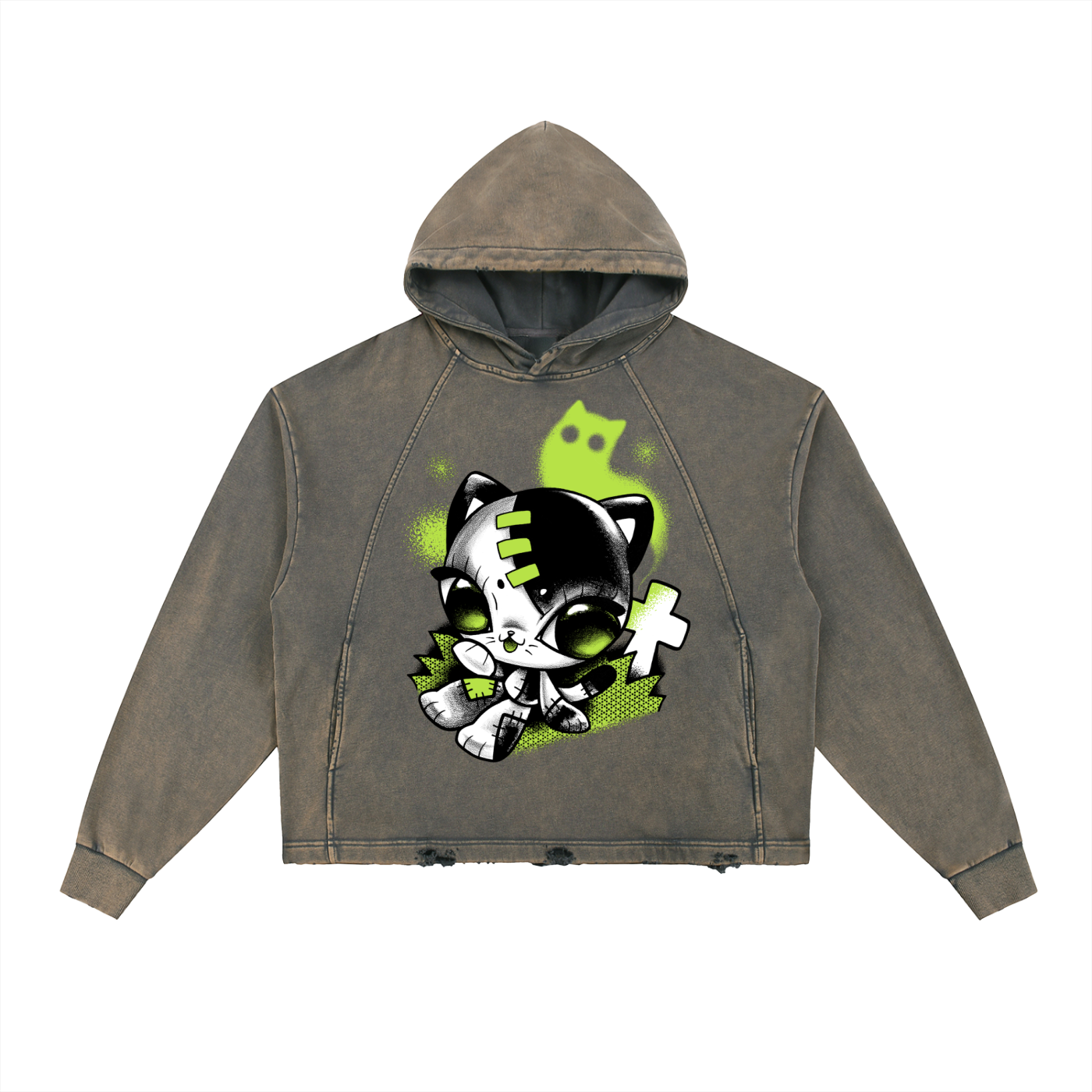 Grave Kitty Vintage Washed Frayed-Hem Hoodie