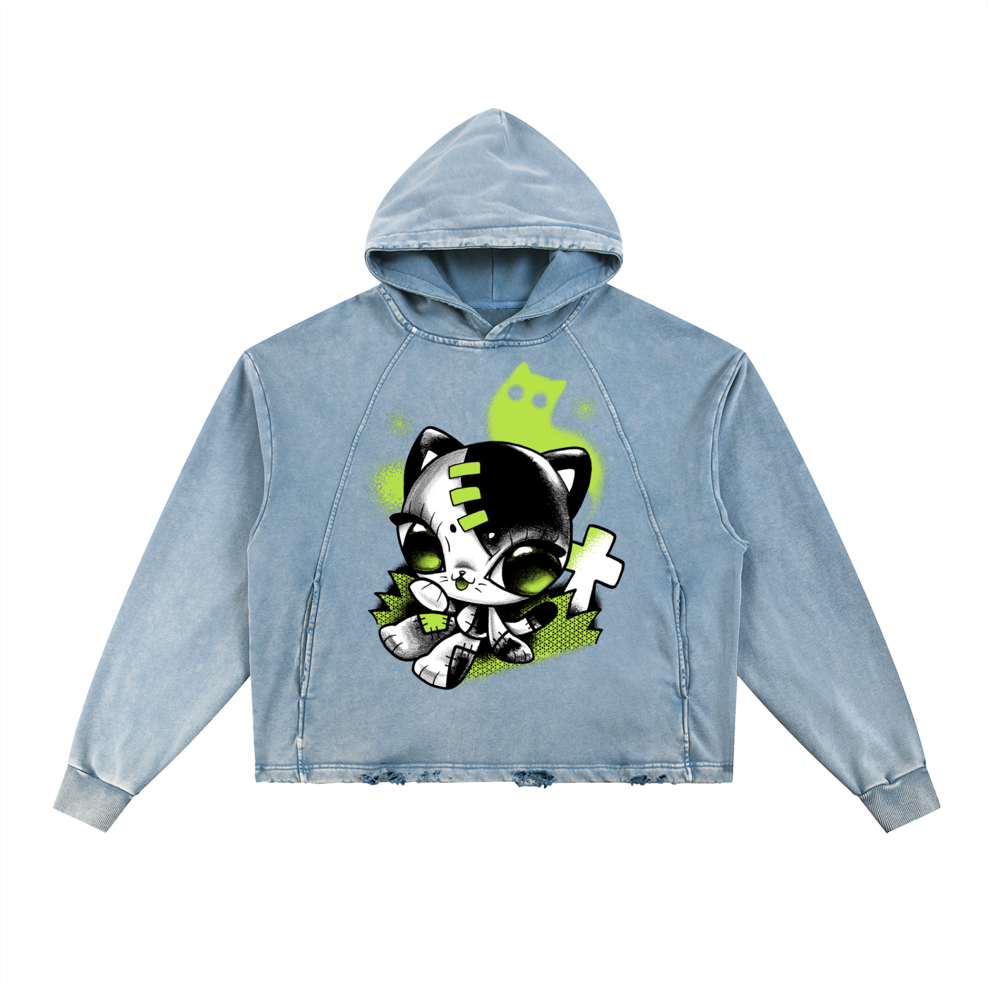 Grave Kitty Vintage Washed Frayed-Hem Hoodie