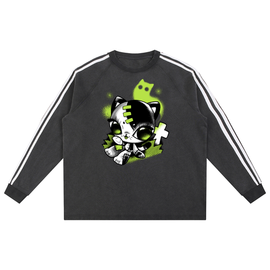 Grave Kitty Snow Washed Contrast Tape Sweatshirt