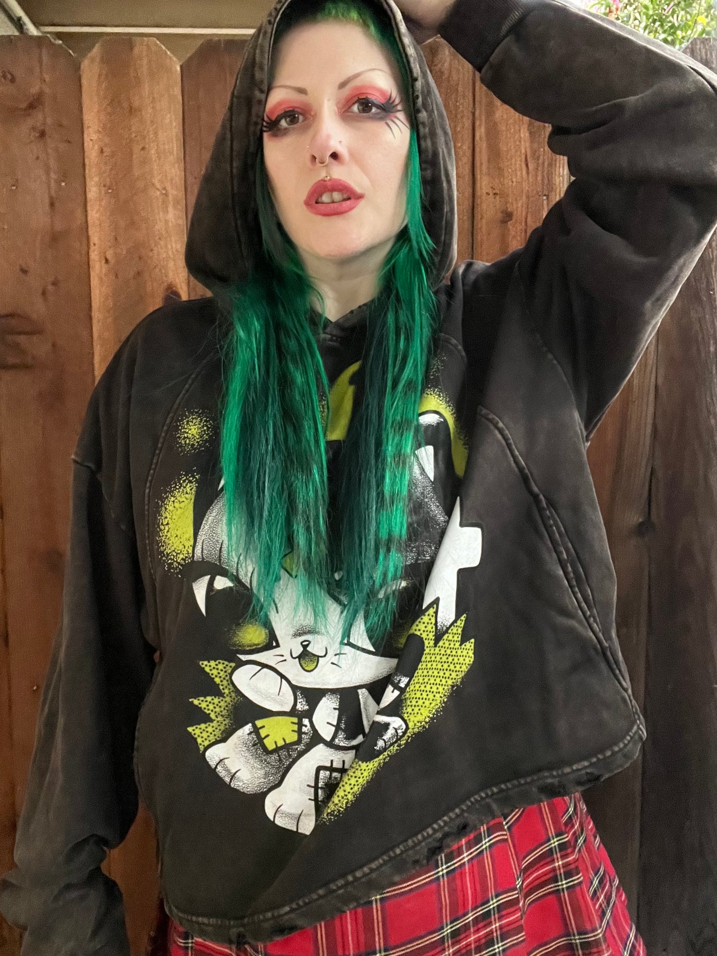 Grave Kitty Vintage Washed Frayed-Hem Hoodie