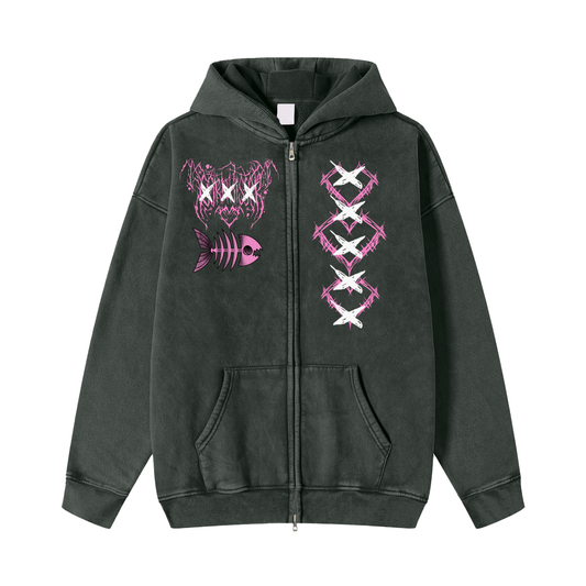 Snow Washed Zip-Through Fleece Hoodie