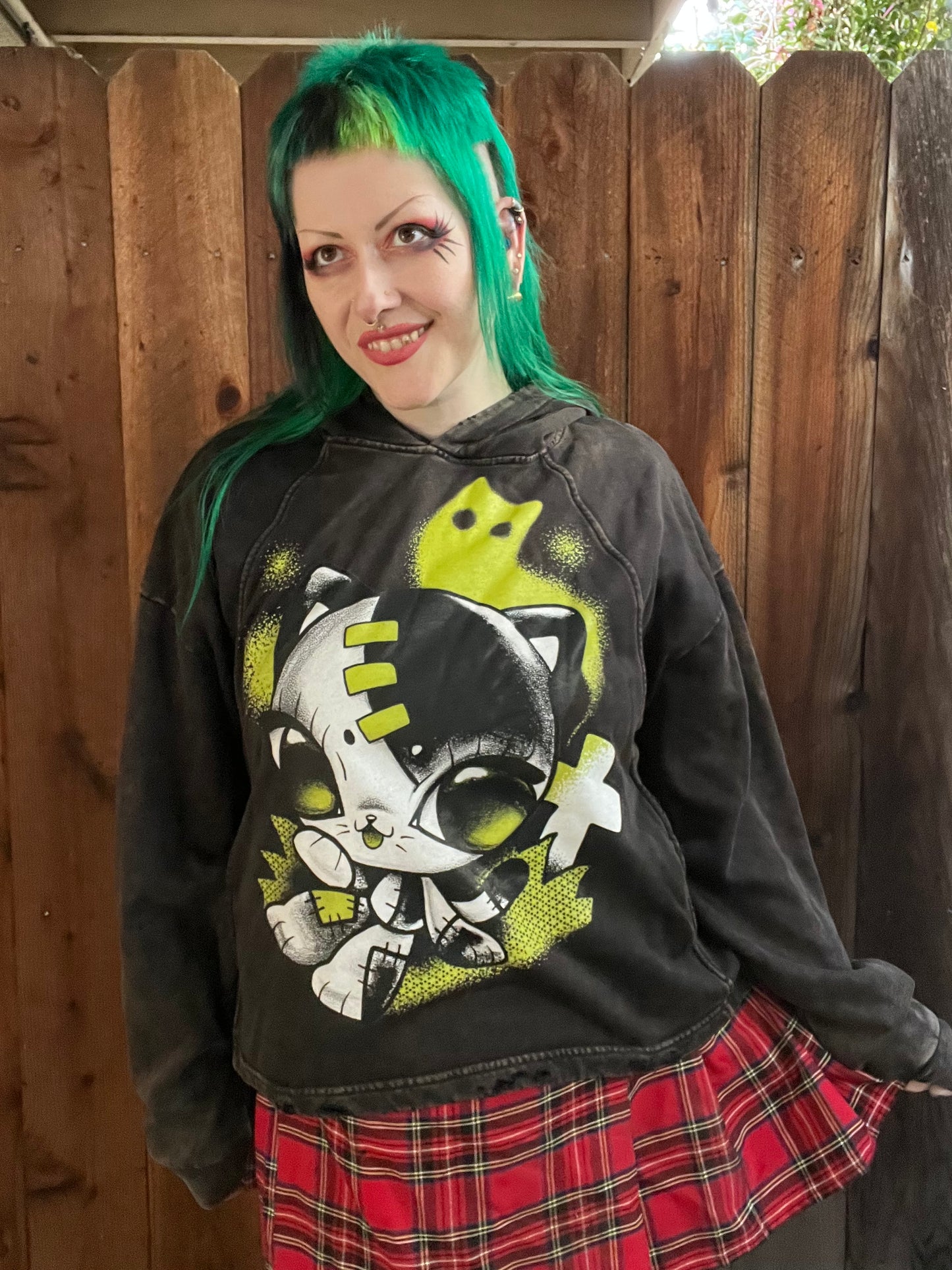 Grave Kitty Vintage Washed Frayed-Hem Hoodie