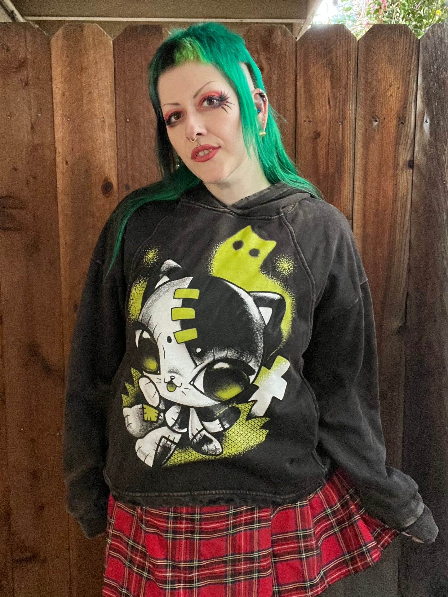 Grave Kitty Vintage Washed Frayed-Hem Hoodie