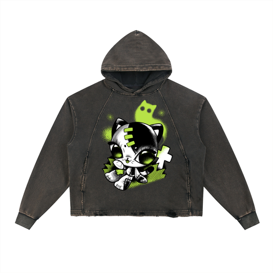 Grave Kitty Vintage Washed Frayed-Hem Hoodie