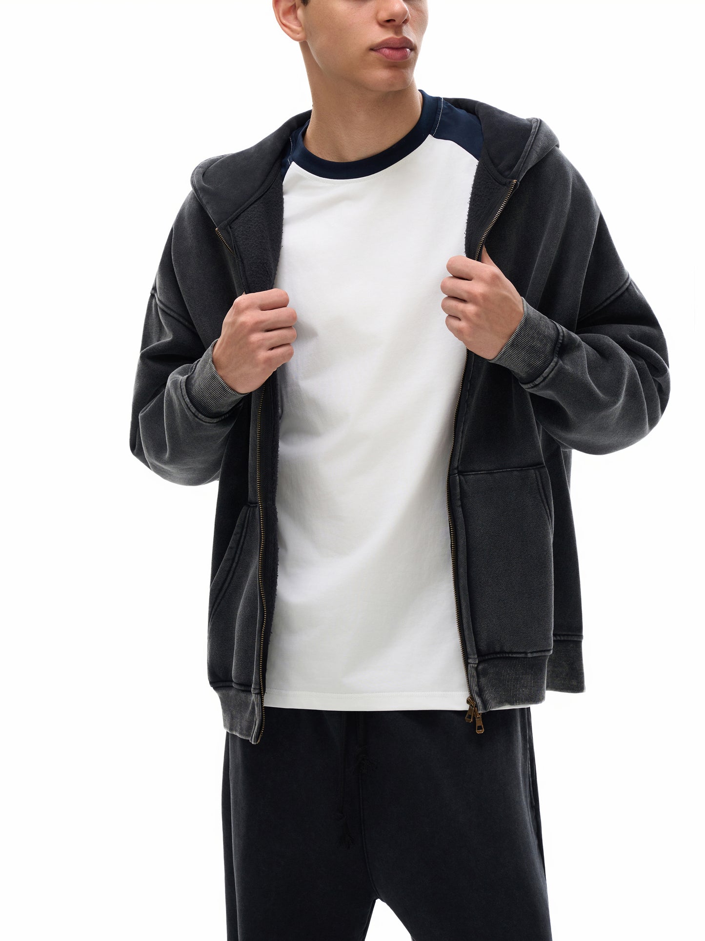 Snow Washed Zip-Through Fleece Hoodie